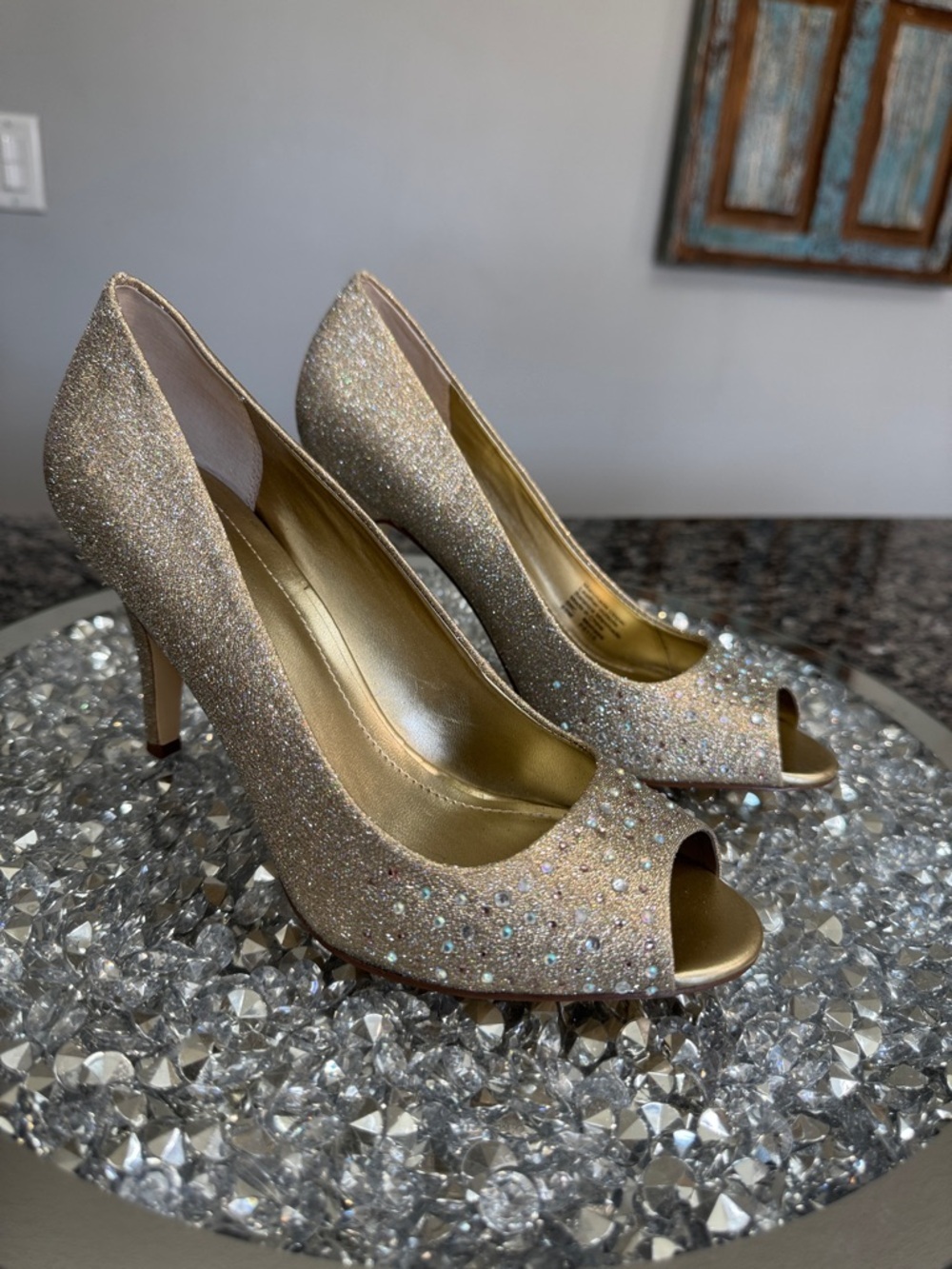 Style & Co. Gold Glitter Peep-Toe High Heels with Rhinestones NEW 6.5